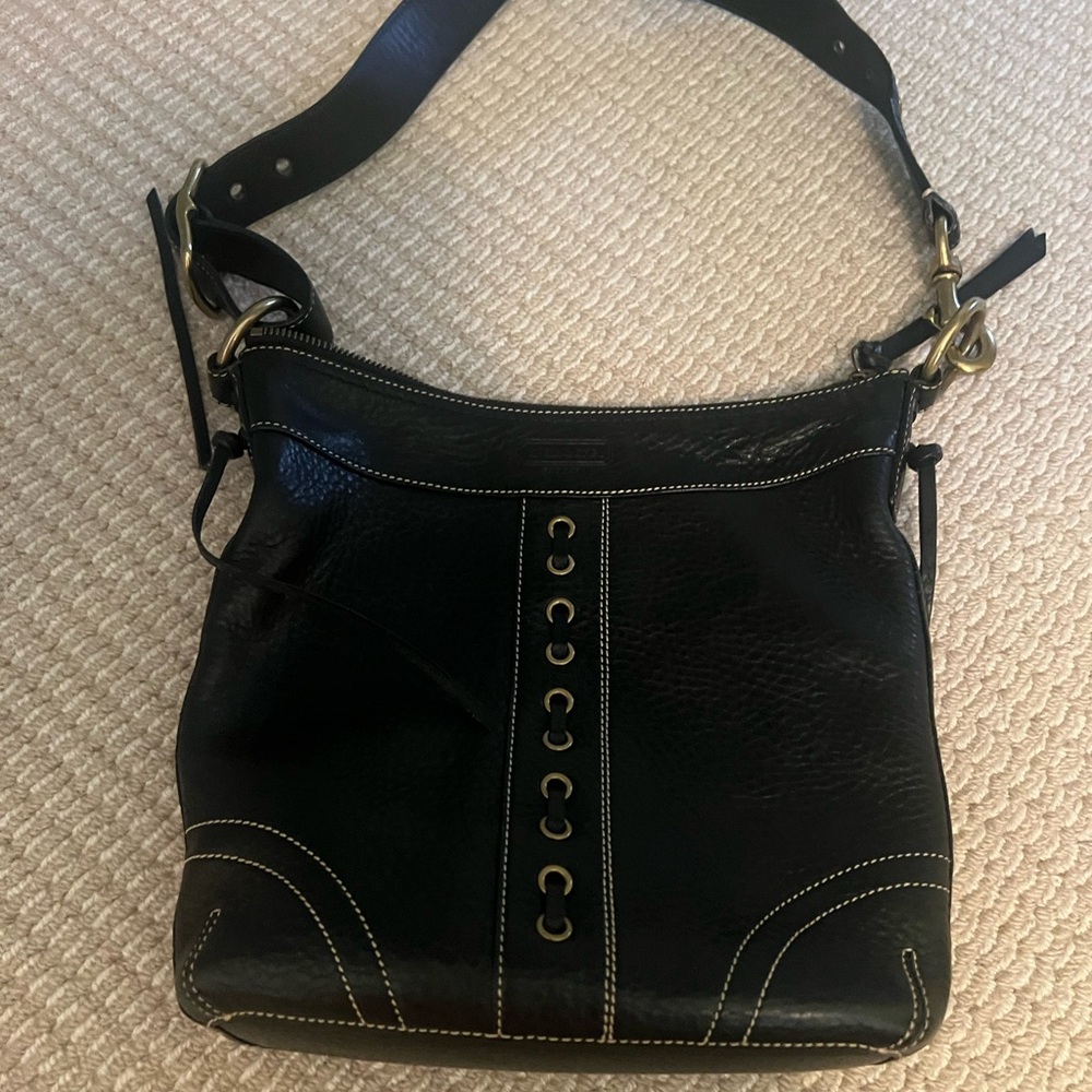 Coach Black Leather Shoulder Bag with Gold Accents
